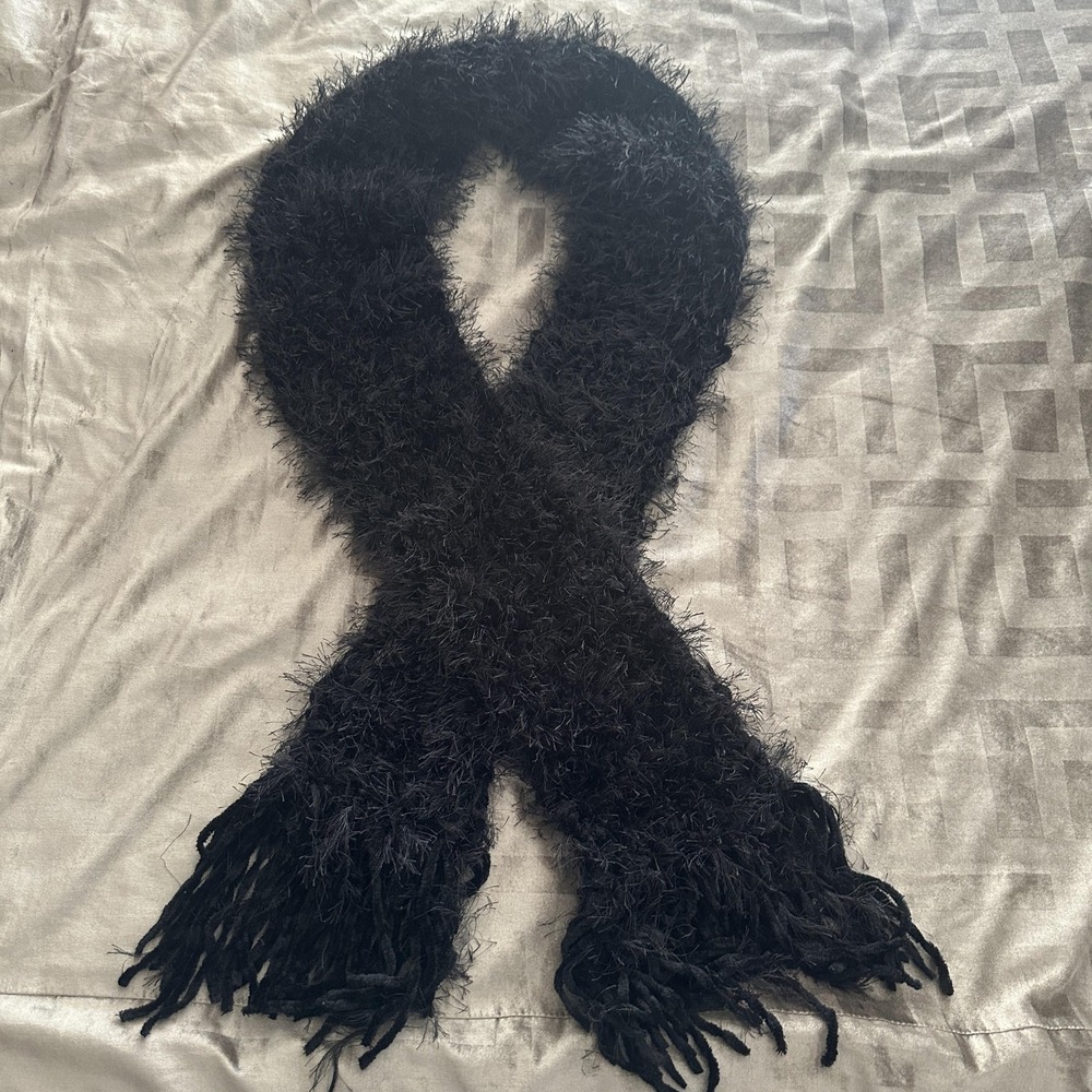 Fuzzy Eyelash Scarf Womens One Size Black Knit Fringe 85in Long Winter Cozy